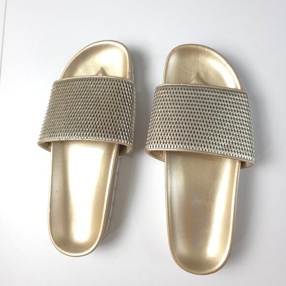 J/Slides Urban Sport Textured Leather Slide Sandal, Gold Laser, Size 9 - Picture 2 of 10